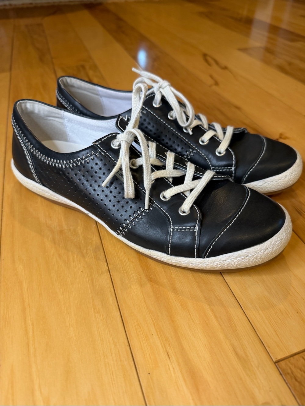 Josef Seibel Black Leather Lace-Up Sneakers with White Accents